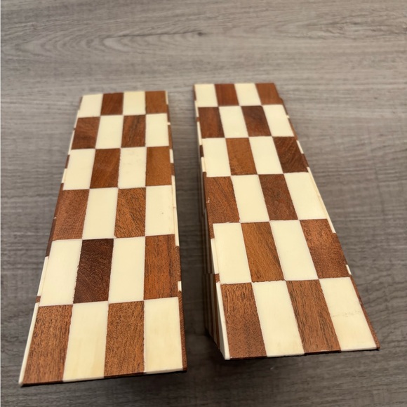 Wooden and Cream Checkered Bookends Cottagecore Wood Decor Chess - Picture 11 of 11